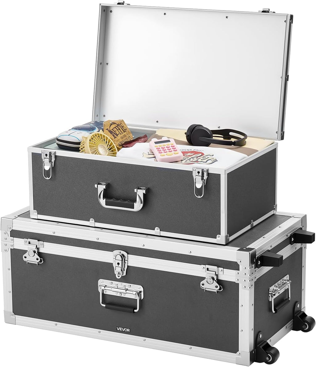 VEVOR Storage Trunk, Set of 2, Wooden Suitcase Storage Boxes with Padlocks, Large Trunk Includes Casters and 3 Metal Handles, Decorative Store Chest with Lids for Travel, Apartment, Dorm, Gray
