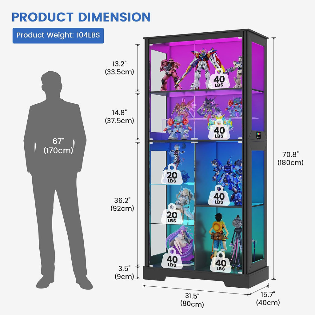 Gurexl Display Cabinet with Motion Sensor LED Lights, Glass Curio Cabinet with Adjustable Shelves & Glass Door, Modern Tall Display Case for Collectibles, Toys, Figures, Ideal for Living Room, Black
