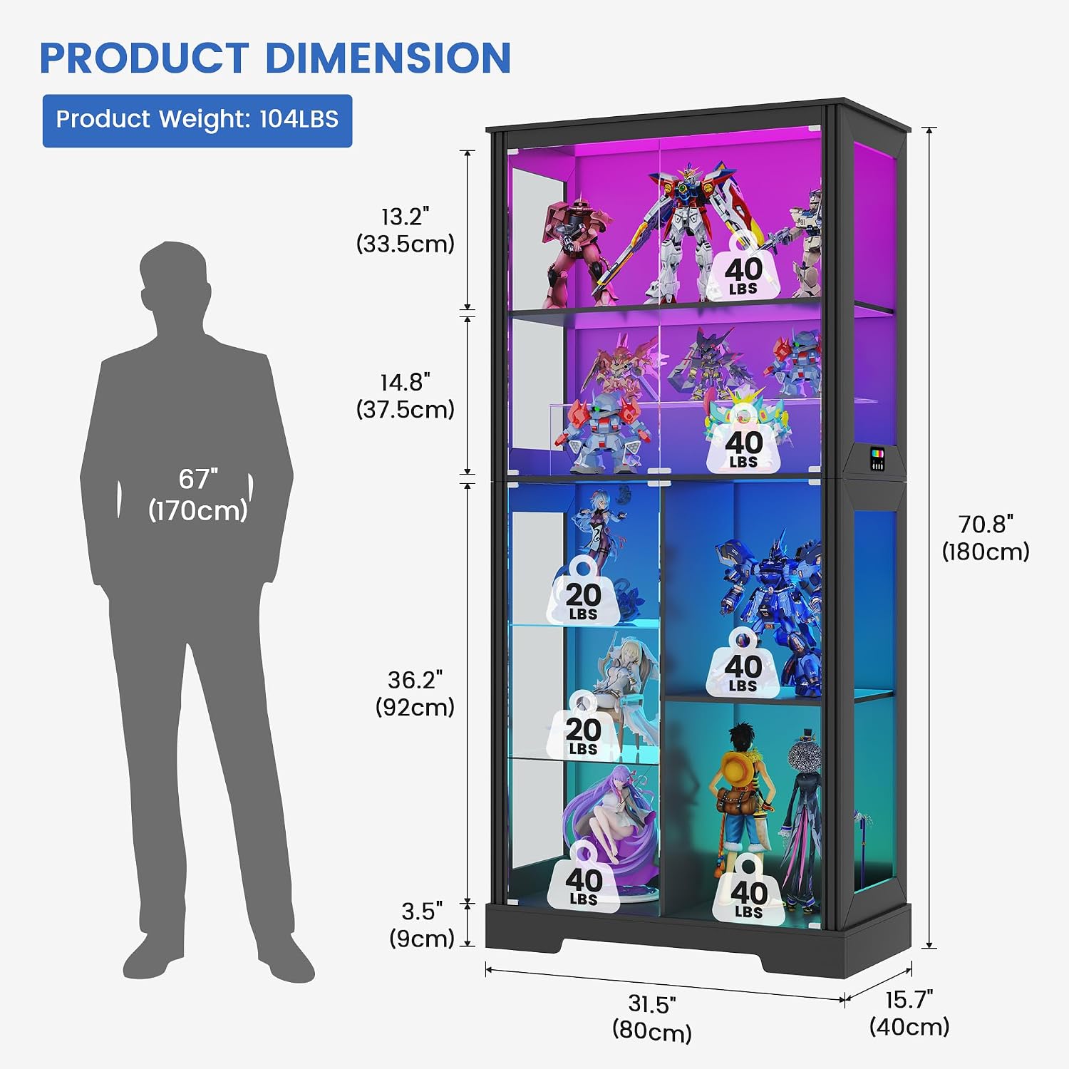 Gurexl Display Cabinet with Motion Sensor LED Lights, Glass Curio Cabinet with Adjustable Shelves & Glass Door, Modern Tall Display Case for Collectibles, Toys, Figures, Ideal for Living Room, Black