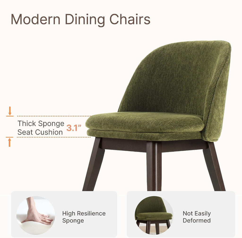 KISLOT Wooden Dining Chairs Set of 2, Fabric Upholstered Modern Dining Room Chairs with Double-Layer Thick Seat Cushion & Ergonomic Backrest for Restaurant, Kitchen and Café, Green
