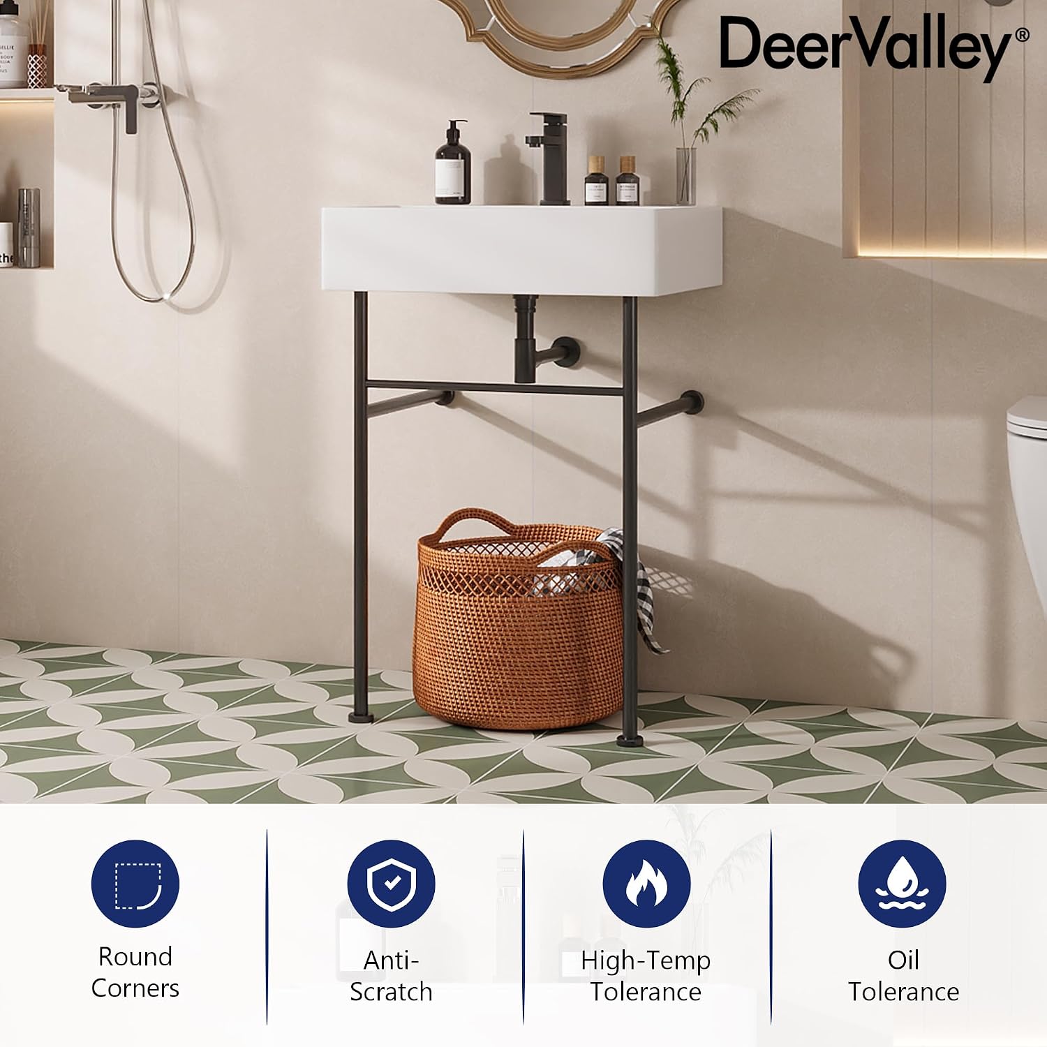 DeerValley 24"x17" Console Bathroom Sink, Free Standing 30 Inch Stainless Steel Support Pedestal Legs, Wall-Mounted White Ceramic Basin, Modern Rectangular Sink Porcelain, Matte Black