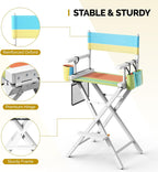 OmySalon Director's Chair 31" Height Folding Portable w/Storage Pouch & Footrest, Makeup Artist Chair for Salon, Events, Mobile, 250lb Capacity, White Wood Frame & Colorful Canvas Seat