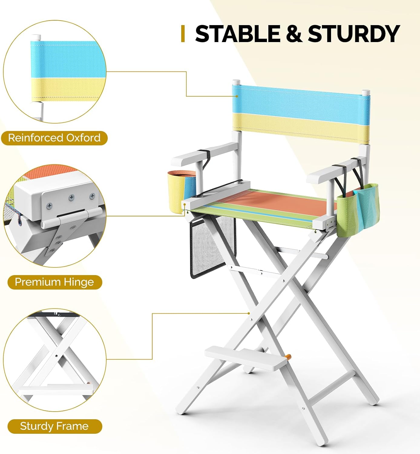 OmySalon Director's Chair 31" Height Folding Portable w/Storage Pouch & Footrest, Makeup Artist Chair for Salon, Events, Mobile, 250lb Capacity, White Wood Frame & Colorful Canvas Seat