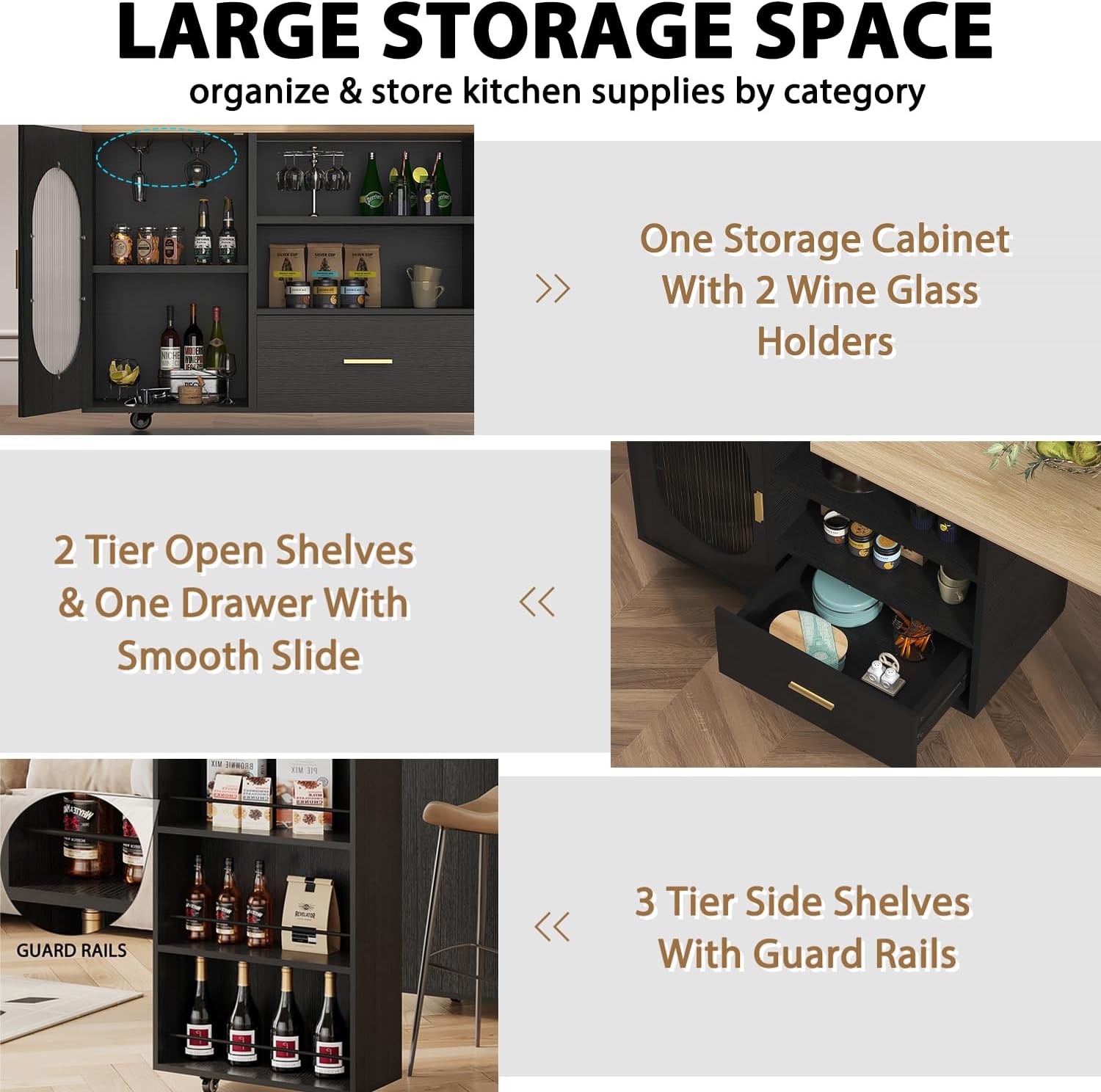 HSH 72" Rolling Kitchen Island with Seating, 360° Swivel Table, Kitchen Island with Storage Cabinet, Drawer & Shelves, Farmhouse Mobile Island Cart on Wheels for Dining Room & Home Bar, Black Oak