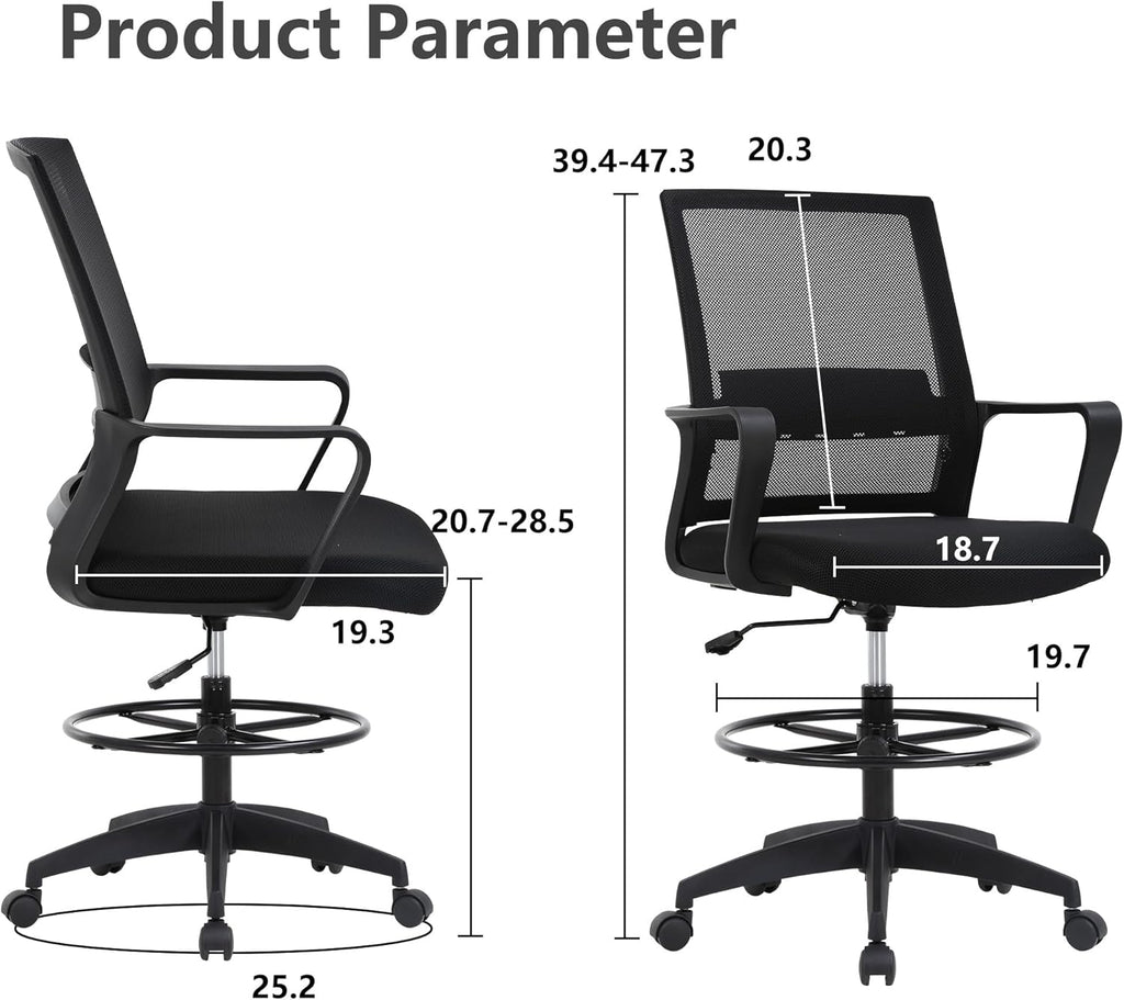PayLessHere | Drafting Chair | Black | Tall Office Chair with Adjustable Seat Height & Footrest, Ergonomic Mesh Back, Lumbar Support, 360 Degree Swivel Rolling Wheels | for Workspaces & Home Office