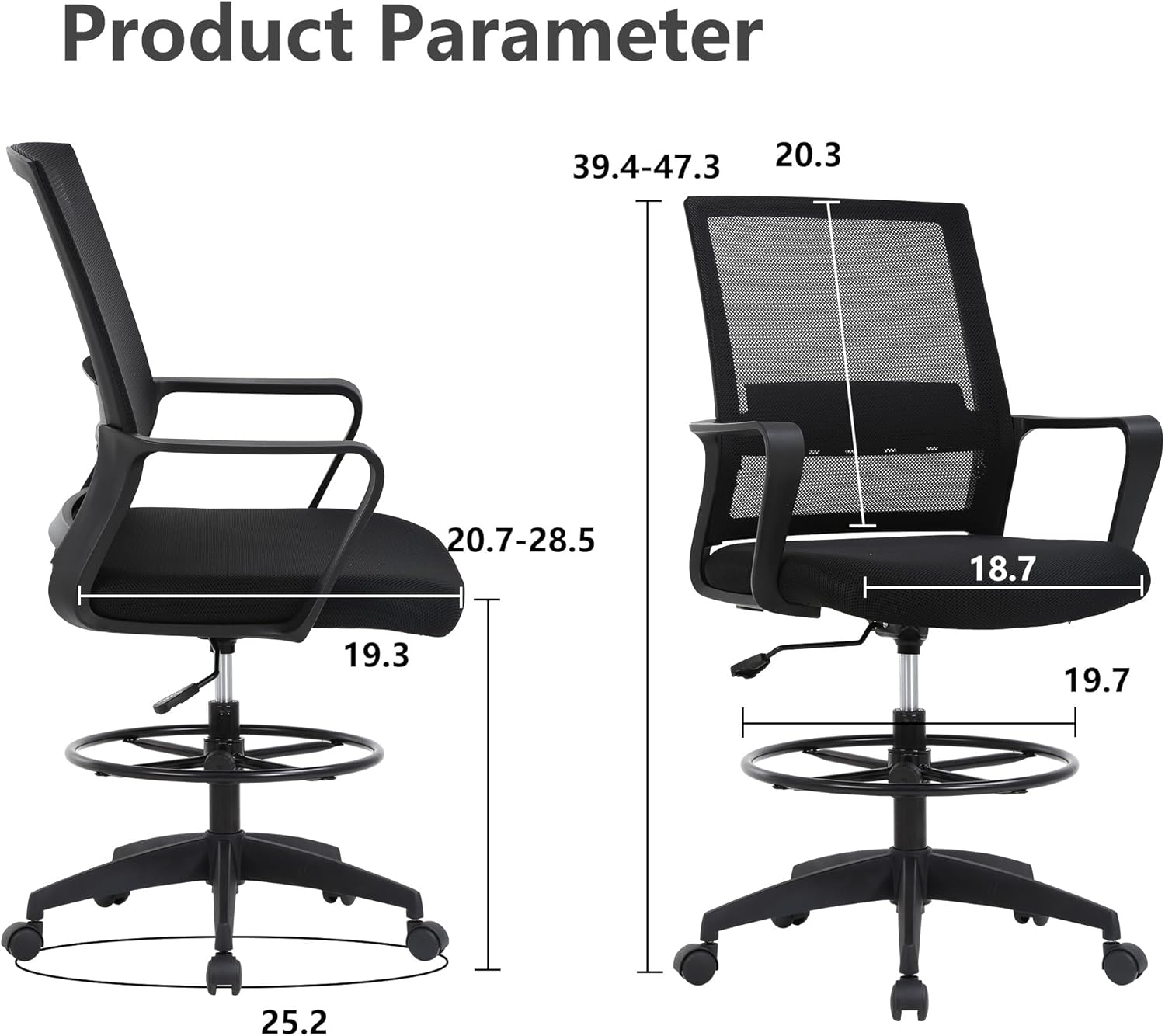 PayLessHere | Drafting Chair | Black | Tall Office Chair with Adjustable Seat Height & Footrest, Ergonomic Mesh Back, Lumbar Support, 360 Degree Swivel Rolling Wheels | for Workspaces & Home Office
