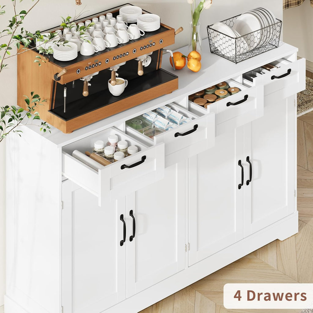 58.7 Inch Sideboard Buffet Cabinet, White Storage Credenza with Charging Station, 4 Drawers & 4 Doors Coffee Bar Cabinet, Modern Console Cabinet for Kitchen Living Room Hallway