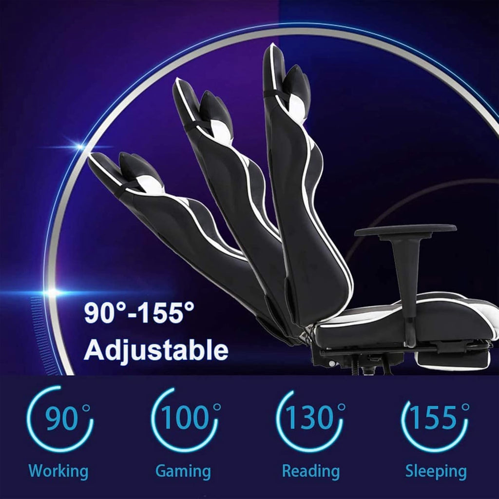 BestOffice | Ergonomic Gaming Chair | White | Reclining Computer Chair with Lumbar Support, Headrest Pillow, Adjustable Footrests | 360 Swivel with Heavy Duty Wheels | for Home & Office