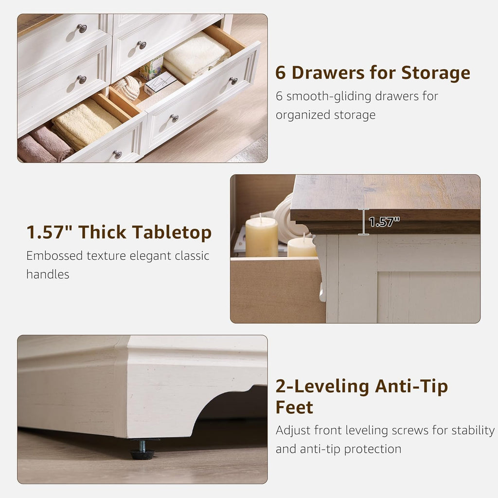 6 Drawers Dresser for Bedroom 54" Wide Wood Nursery Dressers w/Roman Column | Large Dressers & Chests of Drawers, Wooden Dresser TV Stand for Nursery Bedroom Living Room Hallway, Antique White