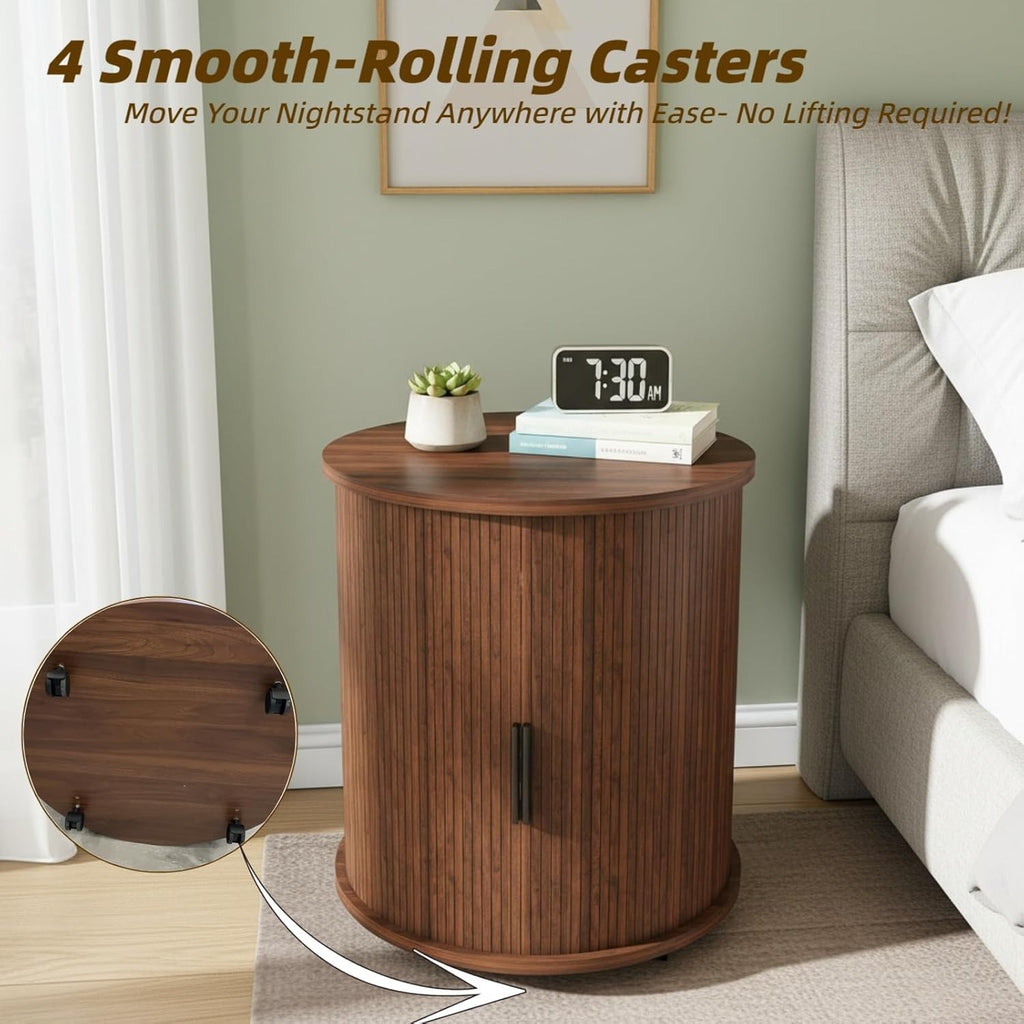 23.62" Mid-Century Mobile Round End Table with Charging Station, Modern Side Table with Slide Door & 2-Tier Storage - Rolling Fluted Nightstand for Living Room Bedroom,Walnut (1)