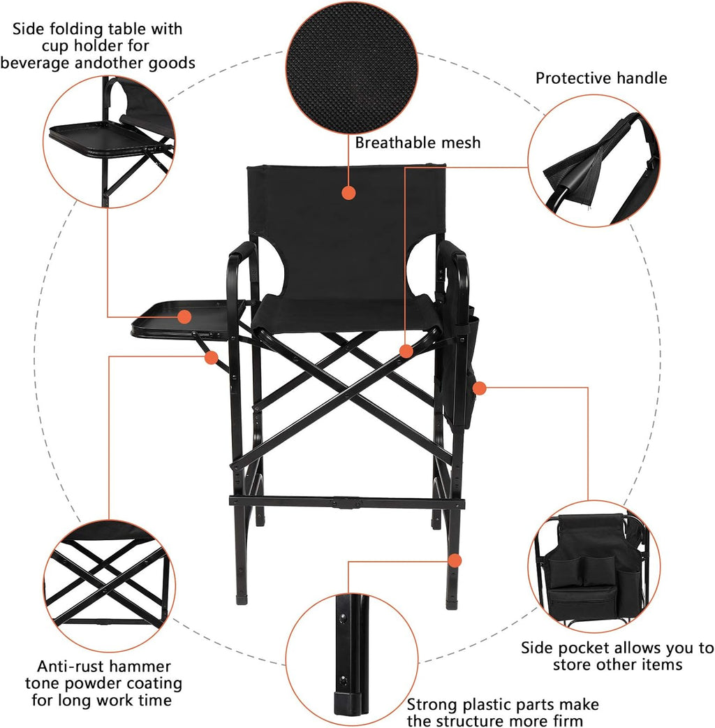 mefeir 30" Tall Directors Chair Black Folding with Side Table Storage Bag,Portable Makeup Artist Bar Height, Aluminum Frame 300 lbs Capacity, 19.2" D x 23.6" W x 45.6" H