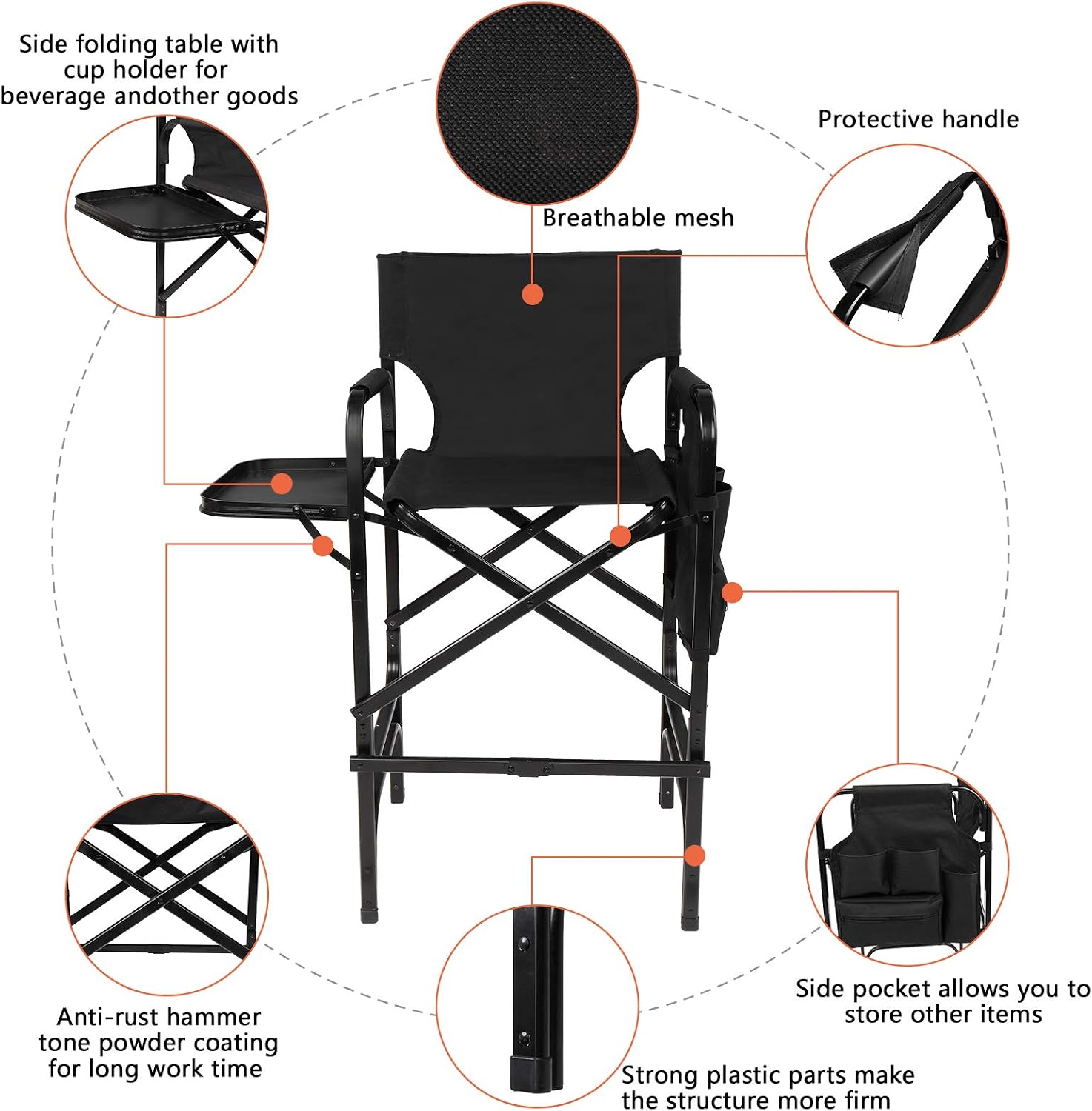 mefeir 30" Tall Directors Chair Black Folding with Side Table Storage Bag,Portable Makeup Artist Bar Height, Aluminum Frame 300 lbs Capacity, 19.2" D x 23.6" W x 45.6" H