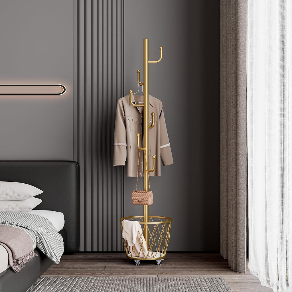 SYO Portable single-pole coat rack with 6 hooks and storage basket; floor-standing coat rack for bedroom and hallway; casters for easy movement; modern minimalist design.