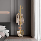 SYO Portable single-pole coat rack with 6 hooks and storage basket; floor-standing coat rack for bedroom and hallway; casters for easy movement; modern minimalist design.