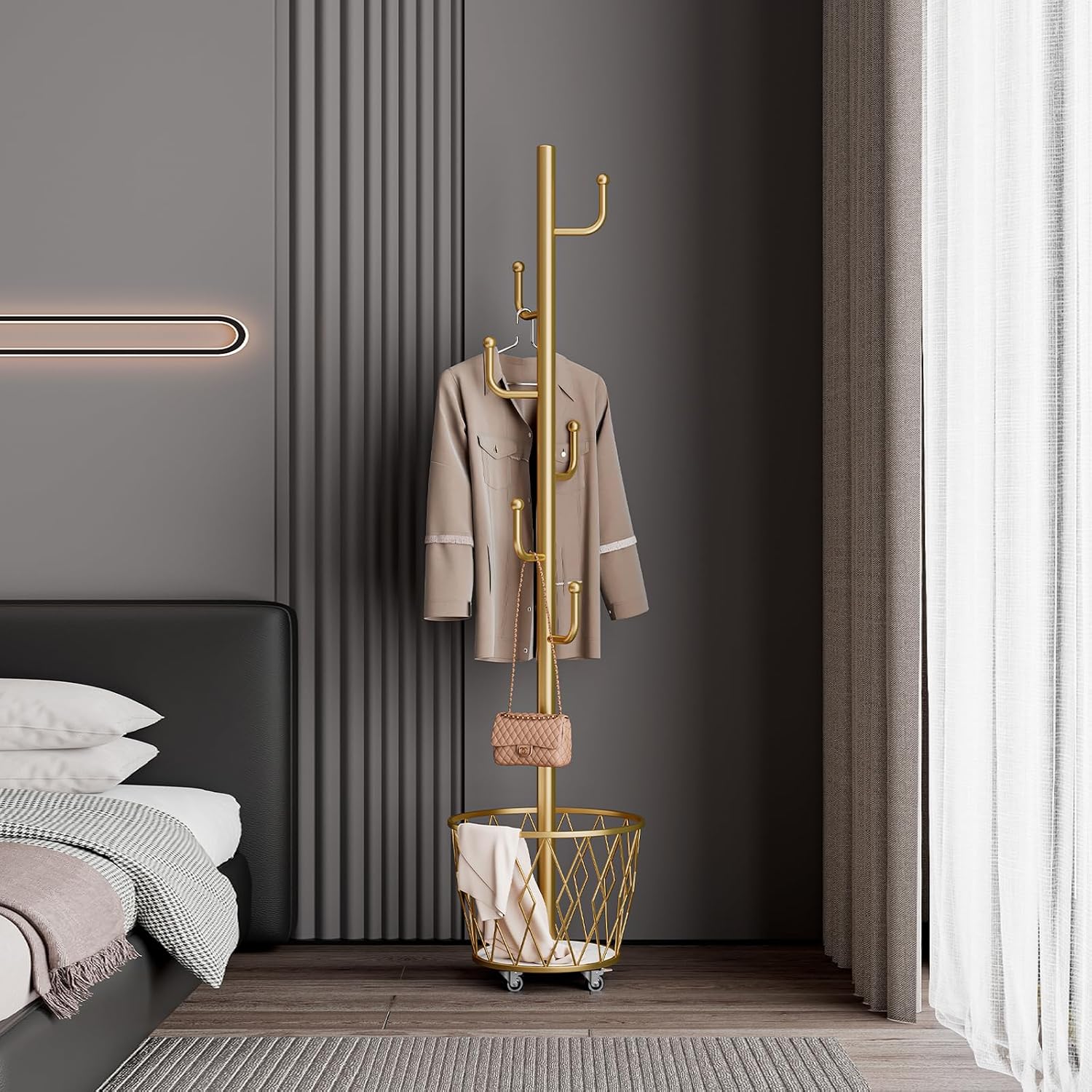 SYO Portable single-pole coat rack with 6 hooks and storage basket; floor-standing coat rack for bedroom and hallway; casters for easy movement; modern minimalist design.