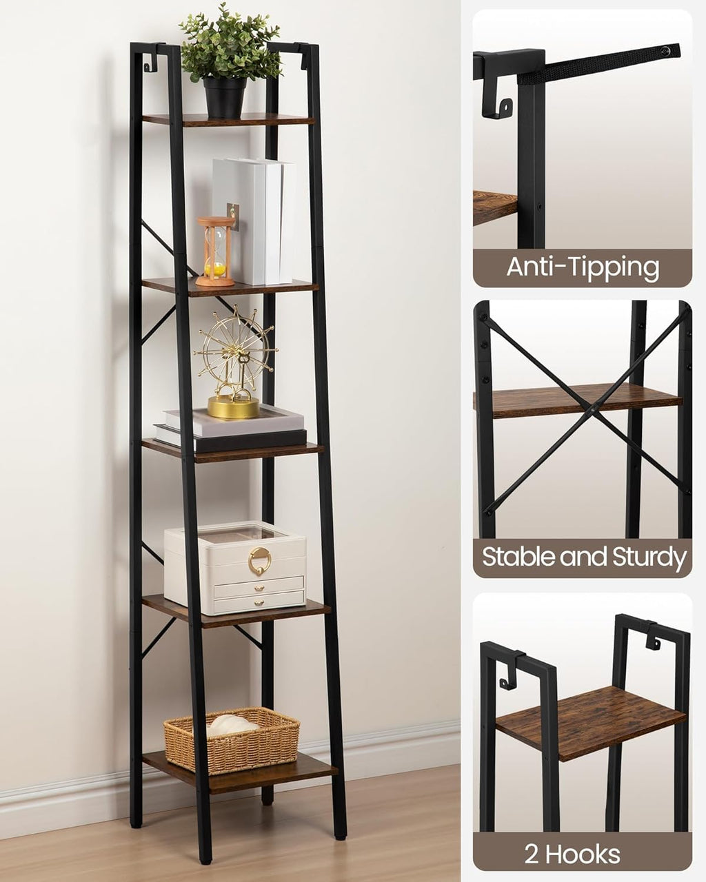 Hzuaneri Ladder Shelf, Bookshelf Bookcase, Freestanding Corner Storage Shelve with 2 Hooks for Home Office, Living Room, Kitchen, Bedroom, Industrial, 11.8" D x 13.4" W x 63" H, Rustic Brown BC03201B