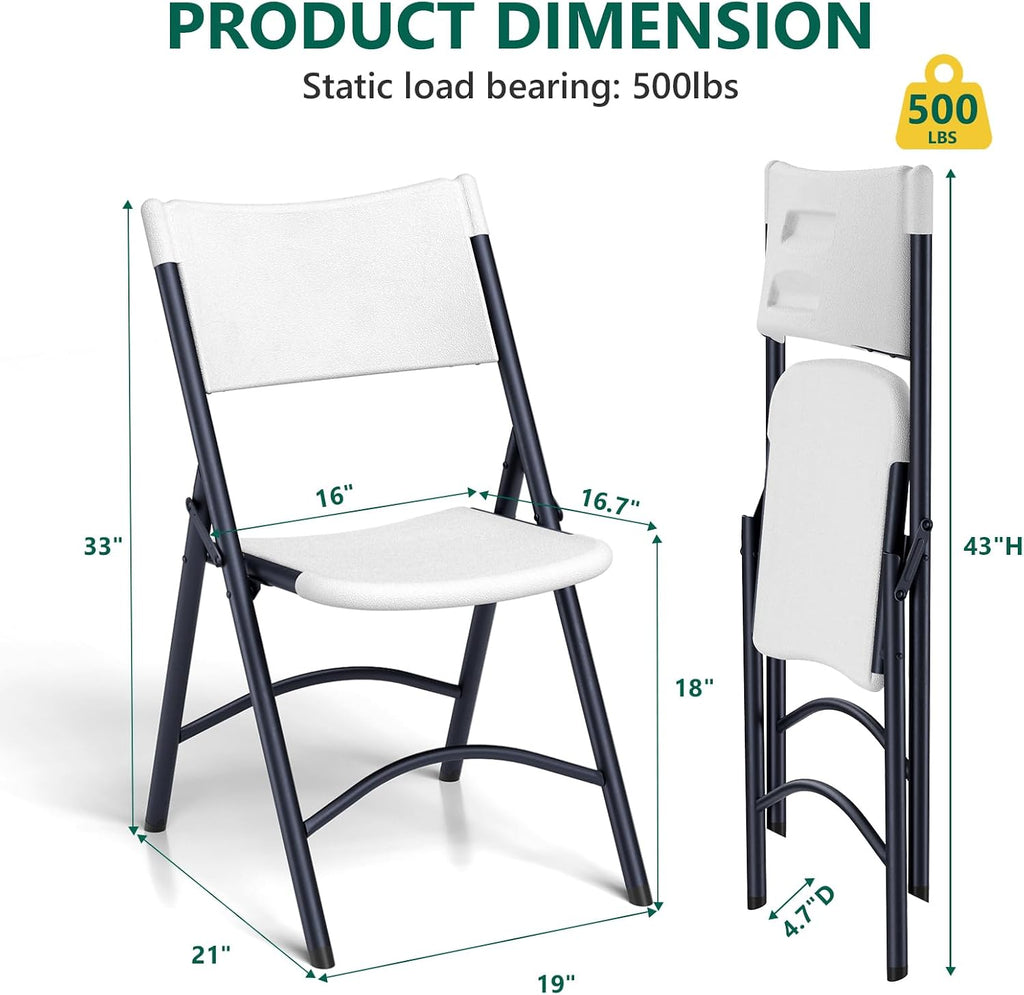 Folding Chairs 4 Pack, Outdoor Portable Foldable Chair with Steel Frame, 500lbs Capacity Heavy Duty Metal White Plastic Folding Chairs for Patio, Picnic, Kitchen, Dining