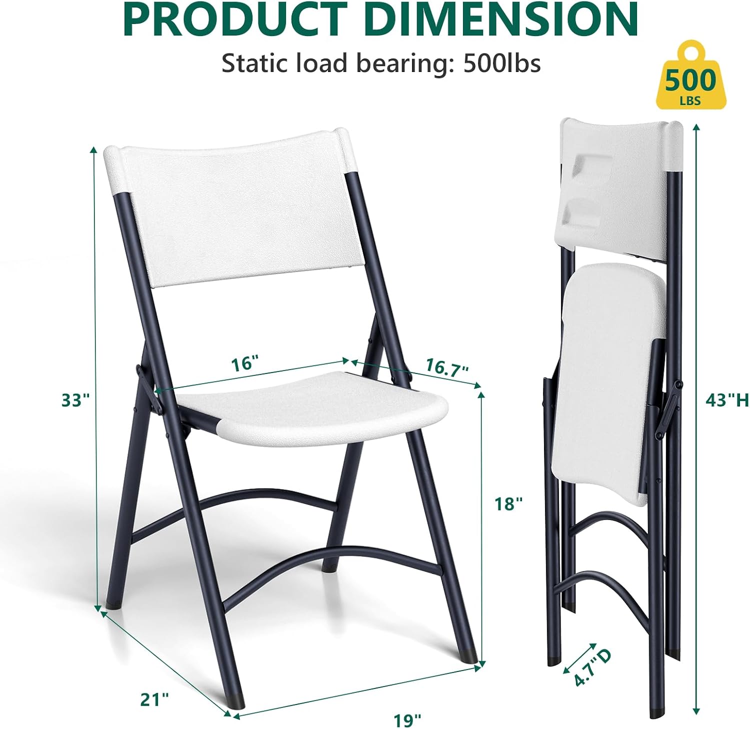 Folding Chairs 4 Pack, Outdoor Portable Foldable Chair with Steel Frame, 500lbs Capacity Heavy Duty Metal White Plastic Folding Chairs for Patio, Picnic, Kitchen, Dining