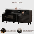 61" Sideboard Buffet Cabinet with Open Storage & 4 Doors, Large Coffee Bar Cabinet with Adjustable Shelves, Mid Century Modern Fluted Buffet Cabinet for Kitchen, Living Room, Black