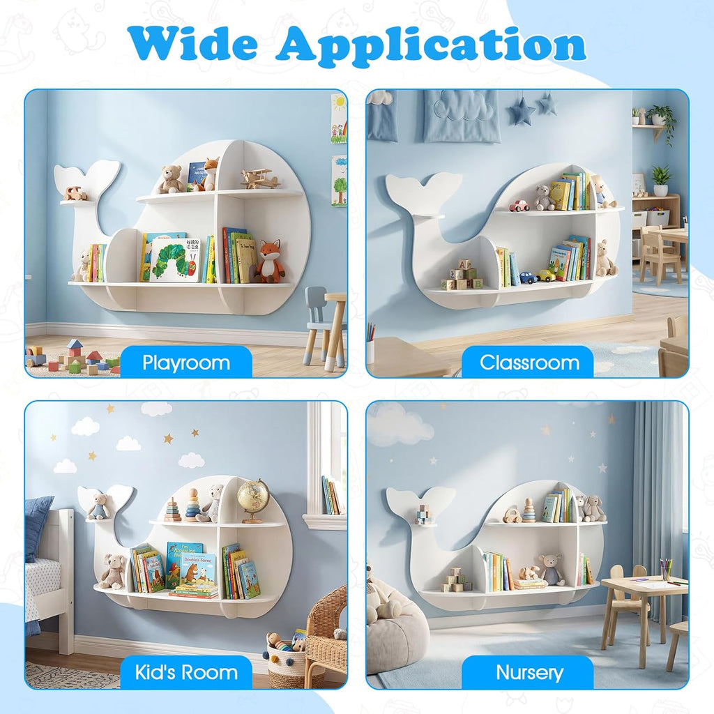 GLACER Wall Mounted Kids Bookshelf, Whale-Shaped Floating Bookshelf with 6 Open Shelves & 2 Tier Floating Wall Shelf, Wooden Nursery Bookshelf for Kid’s Room Bedroom Living Room Reading Corner