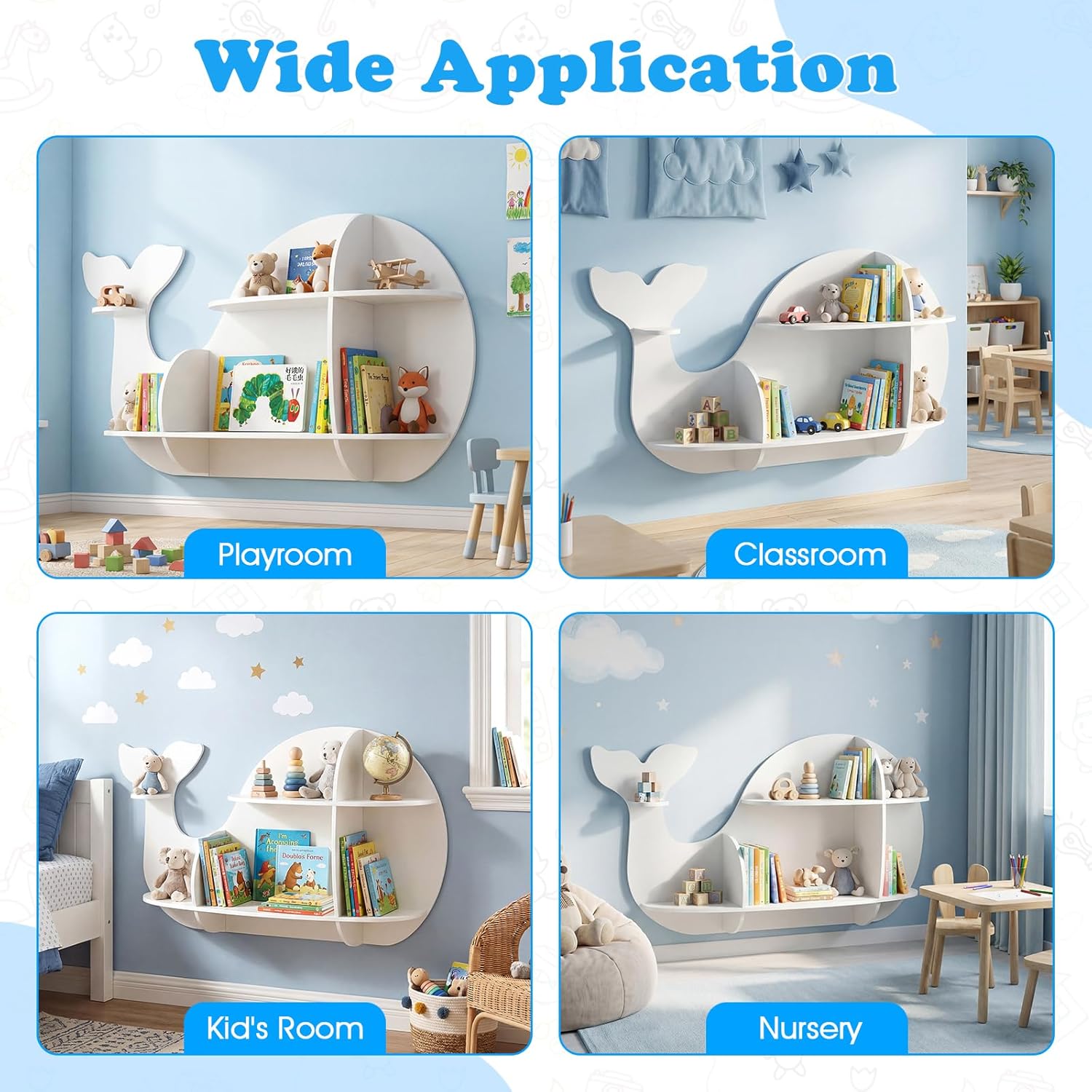 GLACER Wall Mounted Kids Bookshelf, Whale-Shaped Floating Bookshelf with 6 Open Shelves & 2 Tier Floating Wall Shelf, Wooden Nursery Bookshelf for Kid’s Room Bedroom Living Room Reading Corner