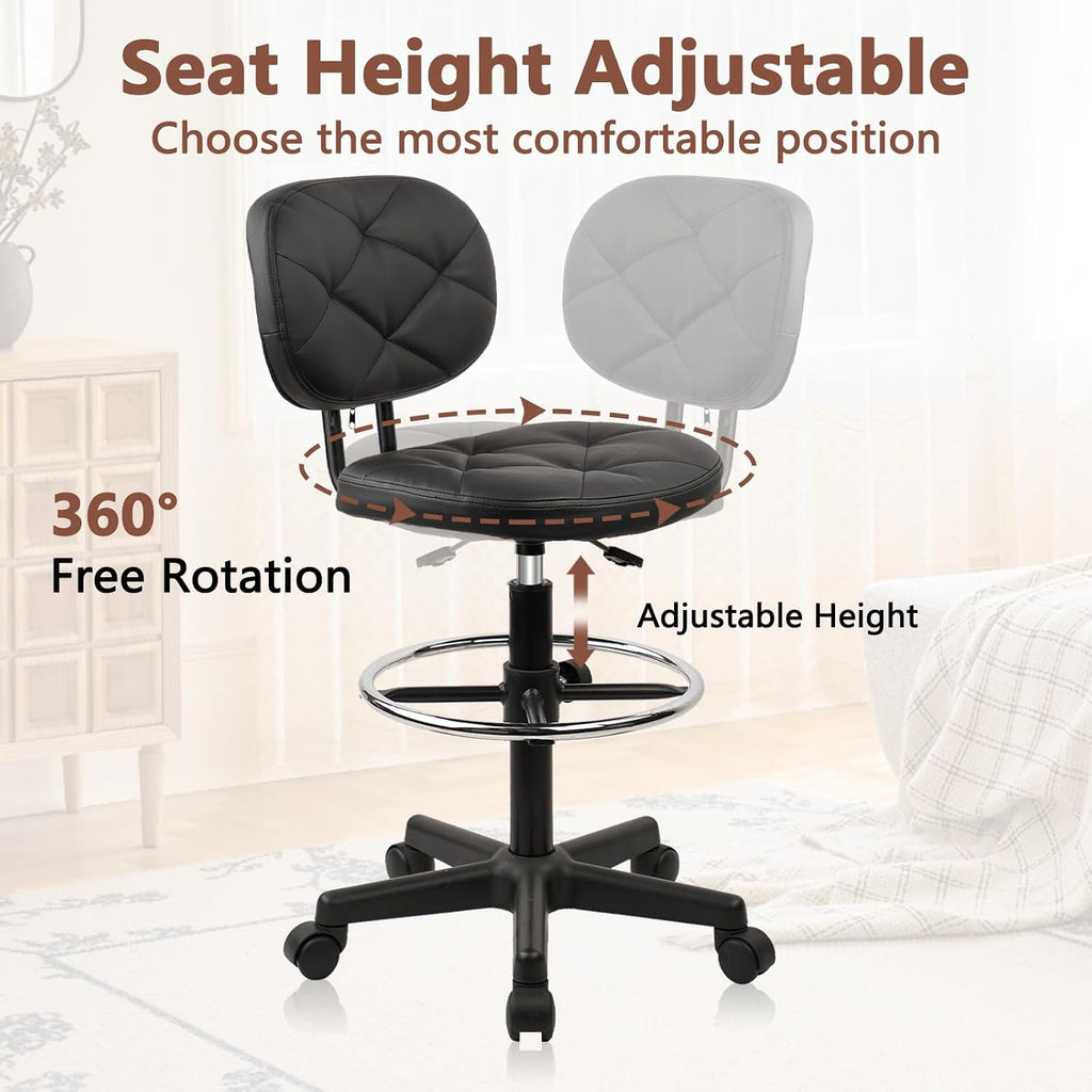 KLASIKA PU Leather Rolling Bar Stool with Wheels and Back, Tall Drafting Stool with Adjustable Height and Footrest, Multi-Purpose Office Desk Chair for Home Kitchen Shop Work, Black (1PK)