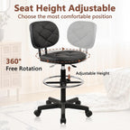 KLASIKA PU Leather Rolling Bar Stool with Wheels and Back, Tall Drafting Stool with Adjustable Height and Footrest, Multi-Purpose Office Desk Chair for Home Kitchen Shop Work, Black (1PK)