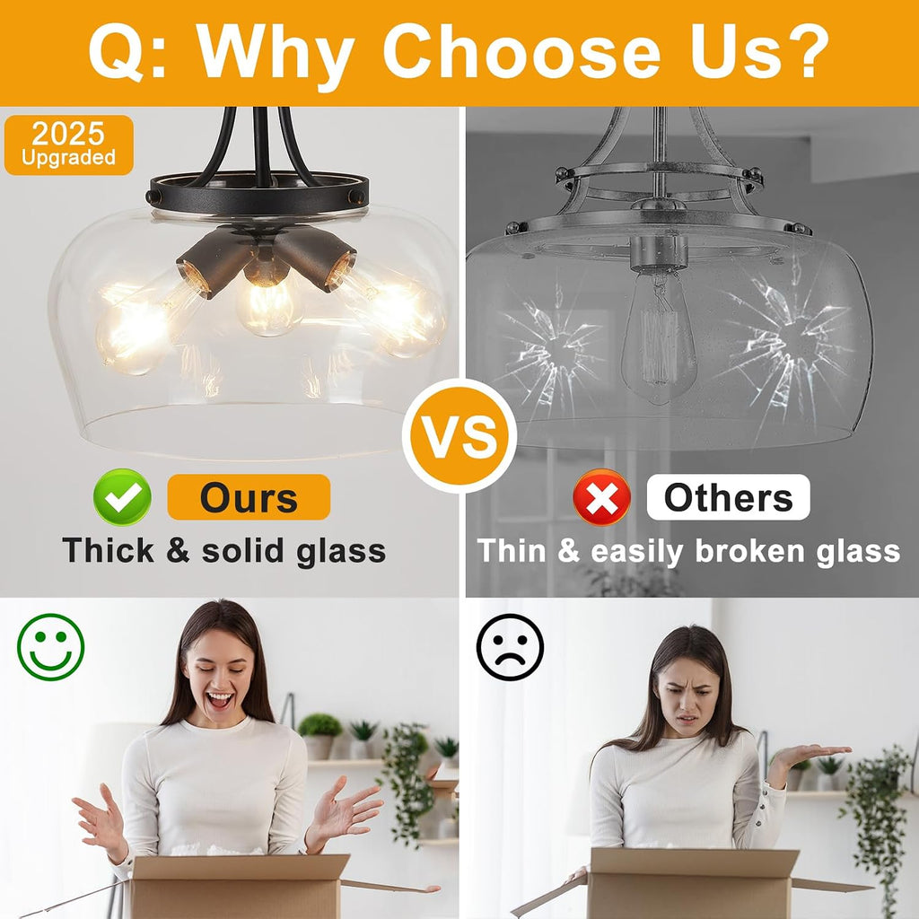 14.2" Modern Pendant Lights Kitchen Island, 3-Light Matte Black Pendant Light Fixtures with Clear Glass Shade, Industrial Hanging Pendant Lights Fixture for Kitchen Island Dining Room Bedroom Entryway