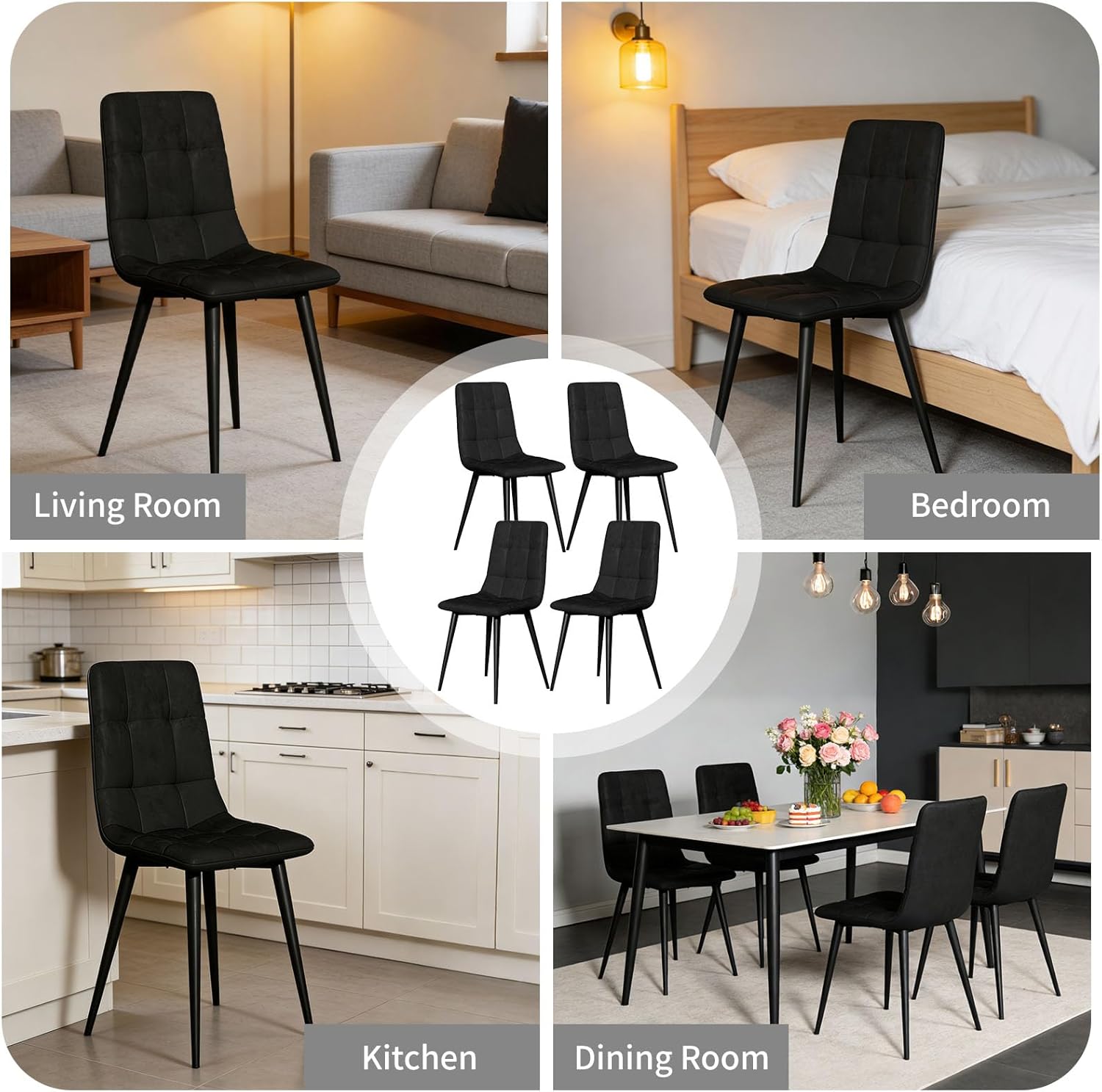 Velvet Dining Chairs Set of 4, Modern Fabric Upholstered Dining Room Kitchen Chair 4pcs Velvet Kitchen Chairs, Mid Century Dinning Dinner Chairs for Living Room,Bedroom (Black, Non-Swivel Chair)