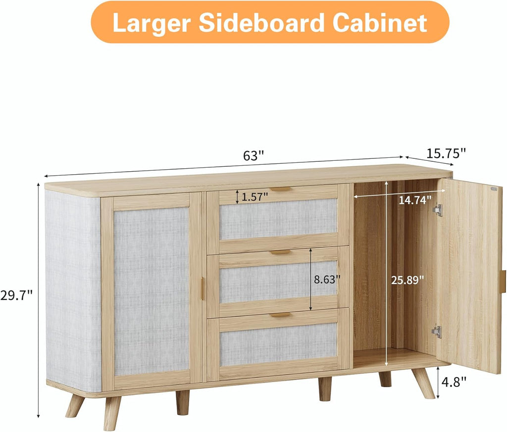 63" Large Farmhouse Storage Cabinet with 3 Drawers 2 Doors, Wood Buffet Sideboard Cabinet Coffee Bar for Kitchen, Living Room