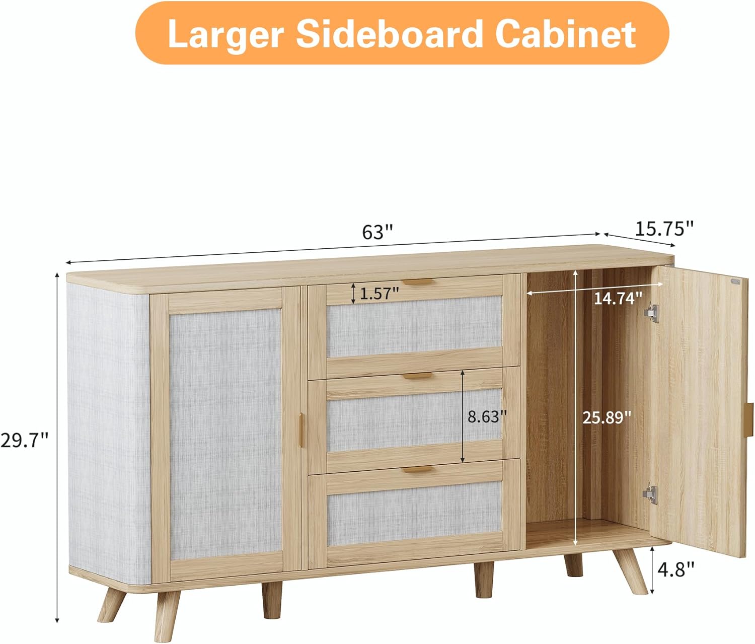 63" Large Farmhouse Storage Cabinet with 3 Drawers 2 Doors, Wood Buffet Sideboard Cabinet Coffee Bar for Kitchen, Living Room