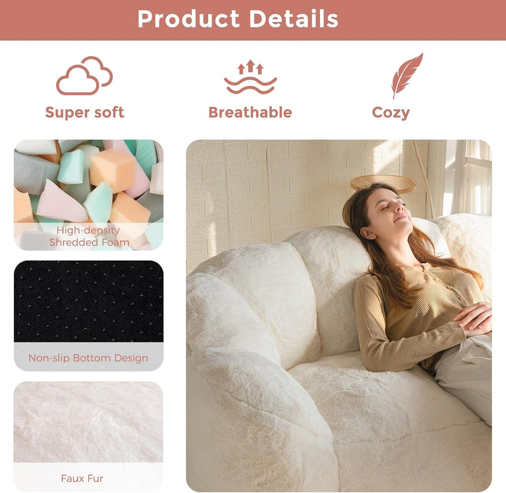 MAXYOYO Bean Bag Chair for Adults, Floral Shaped Bean Bag Sofa | Ultra Soft Faux Fur Floor Sofa, Large Reading Chair for Living Room Bedroom, Beige, Double