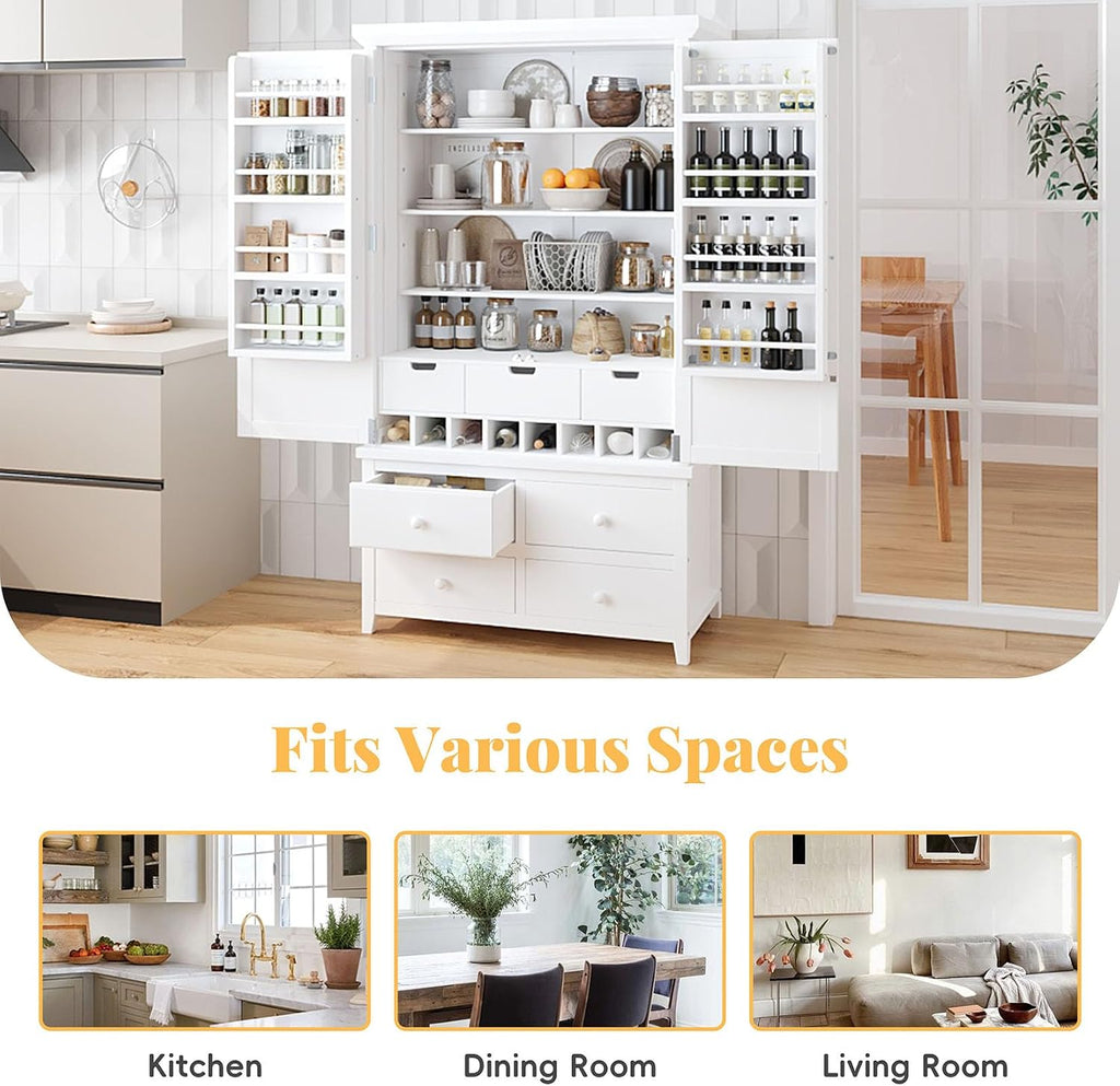 71" Tall Farmhouse Kitchen Pantry Cabinet with Adjustable Shelves & 7 Drawers, 2 Doors, Pantry Storage Cabinet f, Freestanding Coffee Bar Cabinet for Kitchen, Dining Room, White