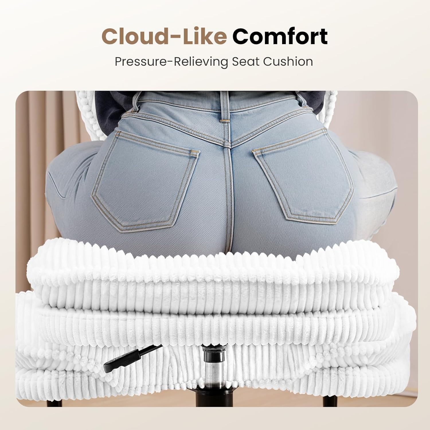 HOMRELEXA Cross Legged Office Chair, Ergonomic Cloud Criss Cross Desk Chair, Meditation Chair with Wheels, Height Adjustable Seat for ADHD, Wide Kneeling Chair with Back Support, Corduroy Fabric,White