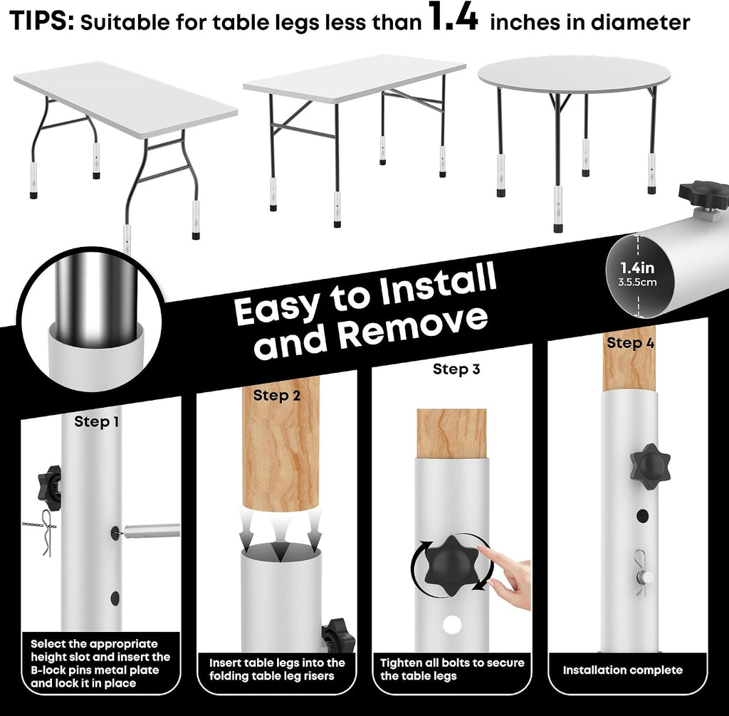 Table Leg Extenders White, Highly Durable Steel Folding Table Leg Risers, Table Leg Extensions Fits Straight & Bent Legs Table Height Extender for Rise Card Table 3.6/5.2 Inch Wobble-Free