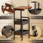 3 Tier Metal Rolling Utility Cart Organizer with Walnut Table Top, Stable and Sturdy Rolling Storage Carts with 2 Lockable Wheels for Kitchen，Bathroom，Snacks，Coffee，Craft，Makeup，Baby Essentials