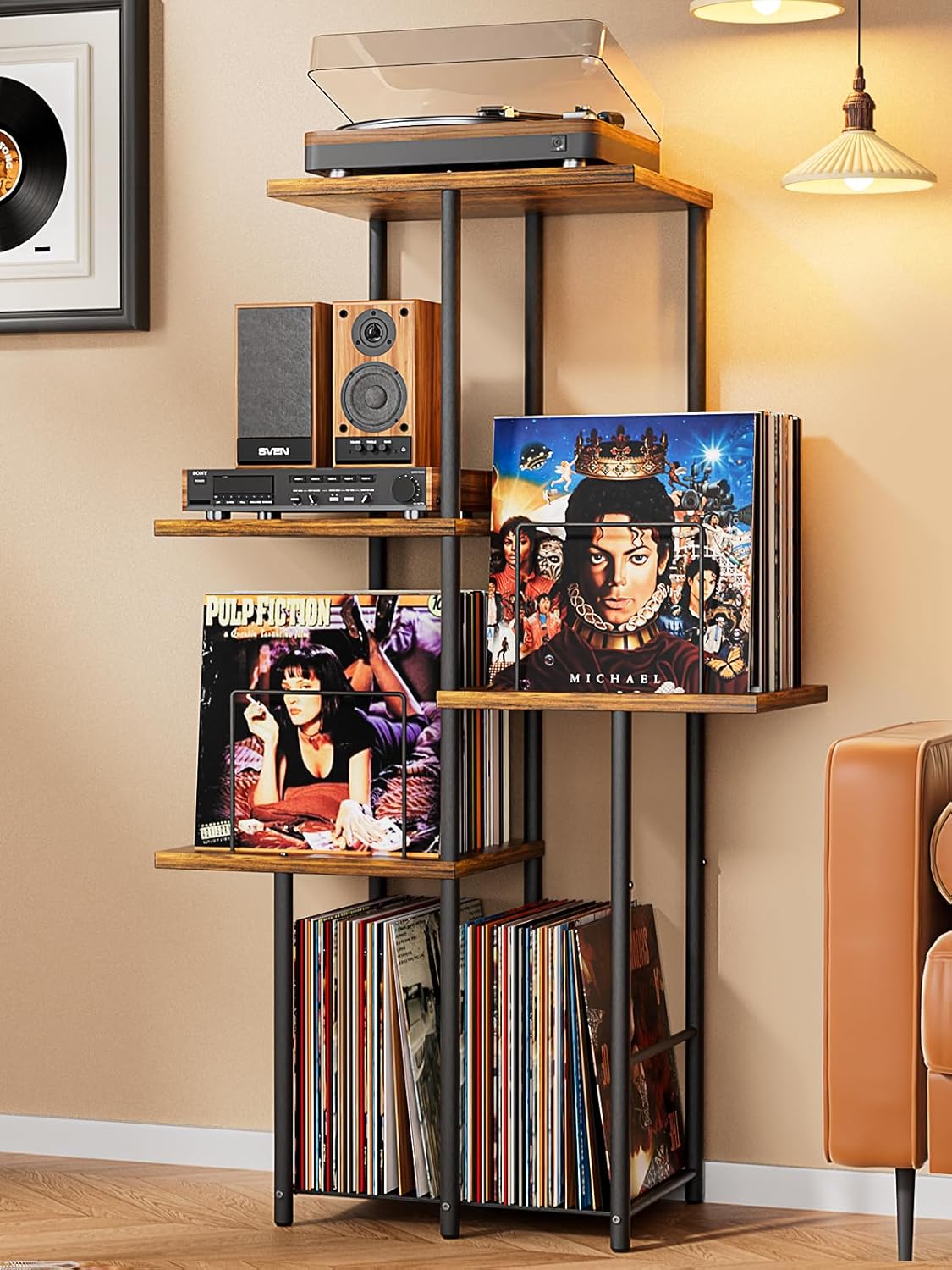 Record Player Stand, Vinyl Record Storage Holder with Display Shelf, Turntable Stand Table with Vinyl Organizer Dividers Album Rack, Vintage Style Record Cabinet Wood, Mid Century Modern Tall Console
