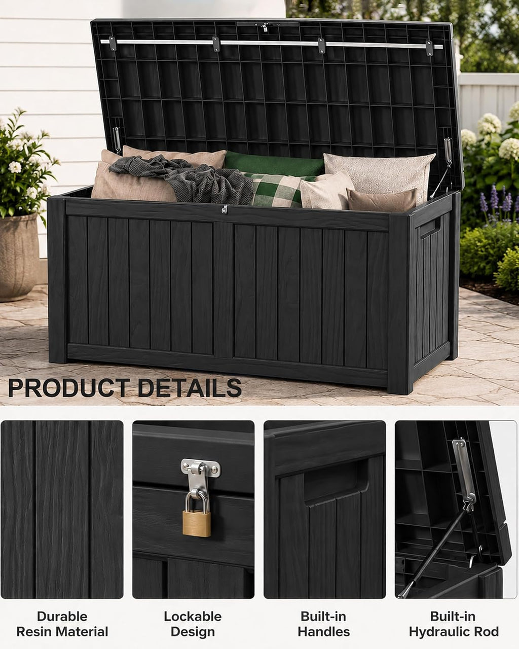 155 Gallon Waterproof Outdoor Storage Box, Large Lockable Deck Box, Indoor Outdoor Resin Storage Bench with Hydraulic Rod for Patio Furniture/Cushions/Garden Tools/Backyard/Pool Accessories, Black