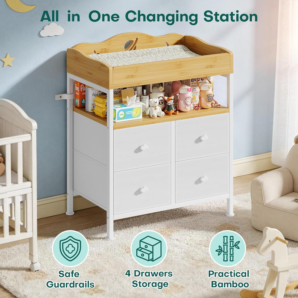 POKIPO Bamboo Changing Table Dresser with Sturdy Metal Frame, 4 Fabric Drawers, 3-in-1 Baby Dresser with Changing Table Top, Diaper Changing Station and Storage Organizer for Modern Nursery