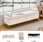 End of Bed Bench with Storage, 63" Storage Bench for Bedroom King Size Bed, Storage Ottoman Bench with Golden Metal Legs, Bedroom Benches for Entryway Hallway, Teddy Cream White