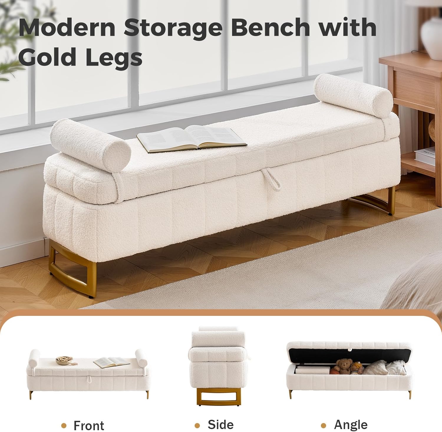 End of Bed Bench with Storage, 63" Storage Bench for Bedroom King Size Bed, Storage Ottoman Bench with Golden Metal Legs, Bedroom Benches for Entryway Hallway, Teddy Cream White