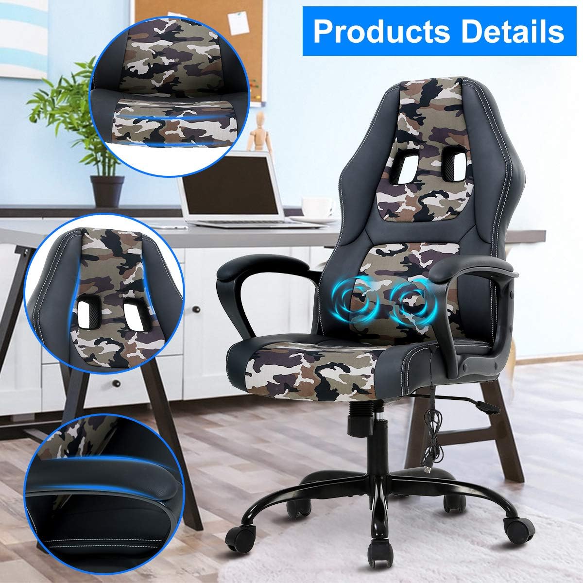 Office Chair Gaming Chair Desk Chair Ergonomic High Back Massage Computer Chair with Lumbar Support & Comfort Armrest PU Leather Rolling Task Racing PC Swivel Executive Chair for Men Women, Camo