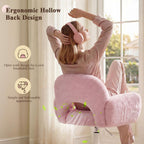 Homkdom Vanity Chair with Round Hollow Back, Pink Desk Chair with Arms & Wheels, Cute Office Chair for Make-up Room, Bedroom, Home Office, Salon, Height Adjustable, Faux Rabbit Fur
