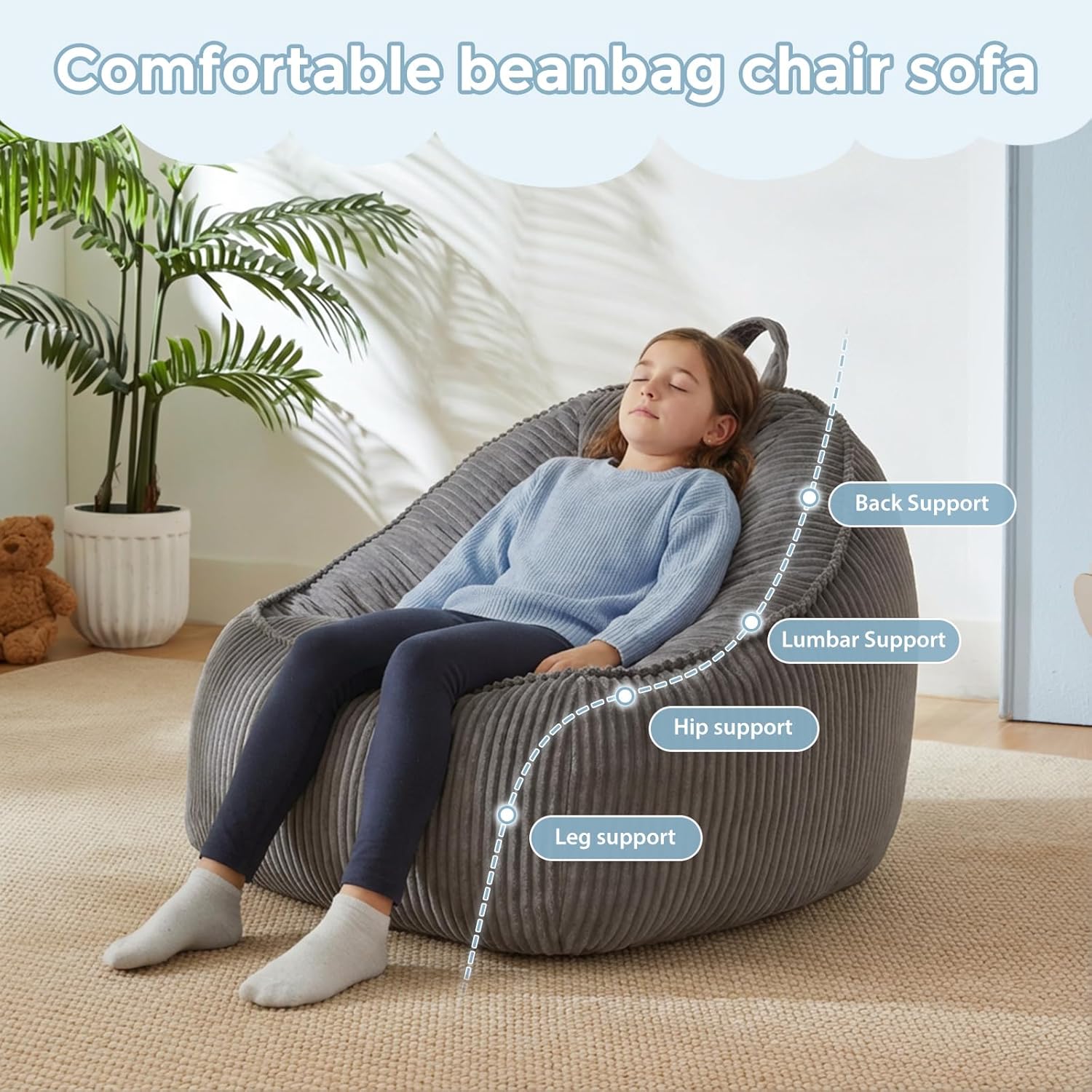 HUGHEAVEN Bean Bag Chair for Kids, Small Kids Bean Bag Chair, Cozy Reading Chair & Stuffed Floor Sofa, Soft Bean Bag Seat for Boys and Girls, Floor Chair for Gaming, Reading, Lounging & TV, Grey