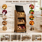 Rustic Farmhouse Pantry Cabinet with Wheels, Wooden Kitchen Storage Organizer for Potatoes, Onions and Bread, Rolling Produce Storage Cabinet for Fruits, Vegetables and Snacks