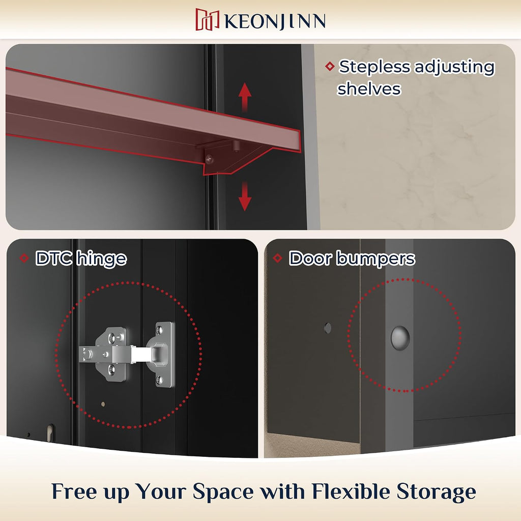 Keonjinn 24" x 30" Medicine Cabinets with Mirror for Bathroom, Brushed Nickel Recessed or Surface Wall-Mounted Aluminum Alloy Framed Beveled Mirror, Farmhouse Bathroom Mirror with Storage Cabinet
