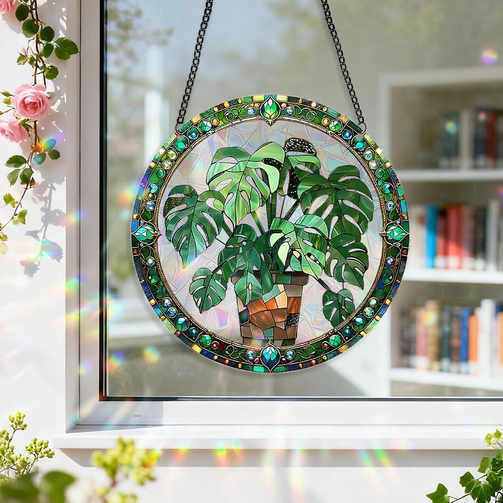 Acrylic Suncatcher Window Hanging, Leaf Sun Catcher Rainbow Indoor Window Decoration for Living Room Bedroom, Summer Home Balcony Ornaments Deco, 7.87 x 7.87 inches (64 Leaf)