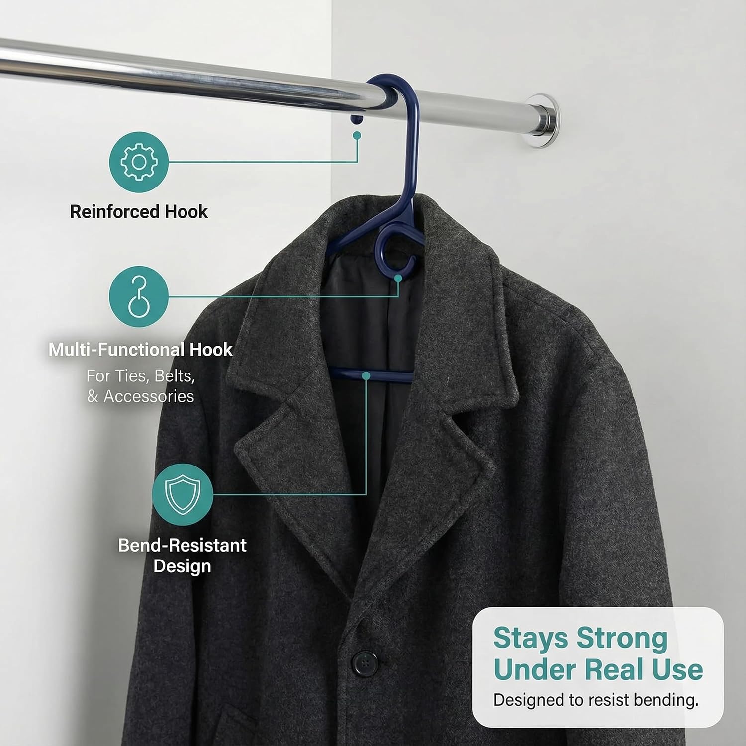 DEILSY™ Navy Heavy Duty Hangers with Hooks for Scarves & Belts – Thick and Strong Clothes Hangers for Shirts, Jackets, Pants, and Dresses – Space-Saving Plastic Hangers – Pack of 30