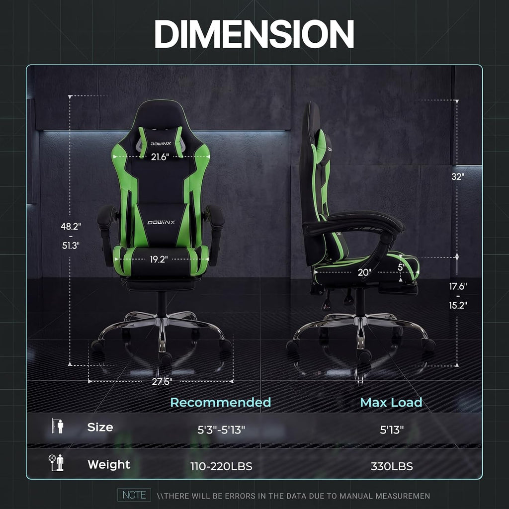 Dowinx Gaming Chair Ergonomic, Massage Lumbar Support, Footrest, Adjustable Height & Headrest Pillow, Heavy Duty 330lbs Office Chair, Comfortable for Back Pain Relief Long Gaming Streaming Deep Green