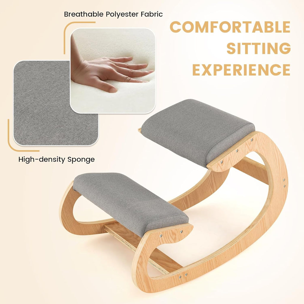 Giantex Ergonomic Kneeling Desk Chair, Rocking Knee Chair with Cushion & Solid Wood Frame, Natural Relief for Neck or Back Pain, Posture Chair for Desk, Home, Office, Max Load 330 Lbs (Grey)